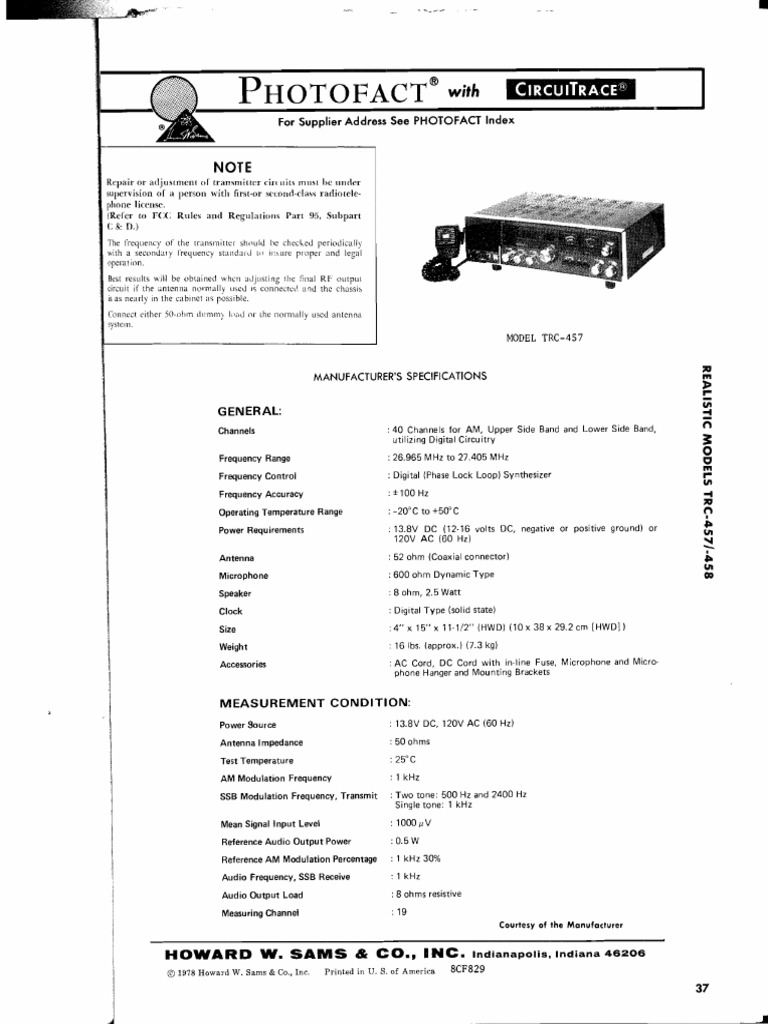Realistic TRC457 CB Radio Service Manual PDF Transmitter Antenna (Radio)