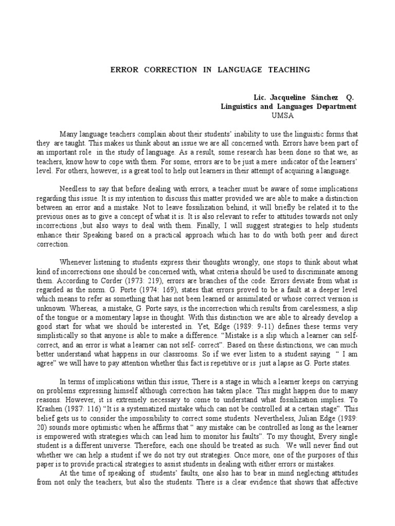 Error Correction in Language Teaching PDF Second Language