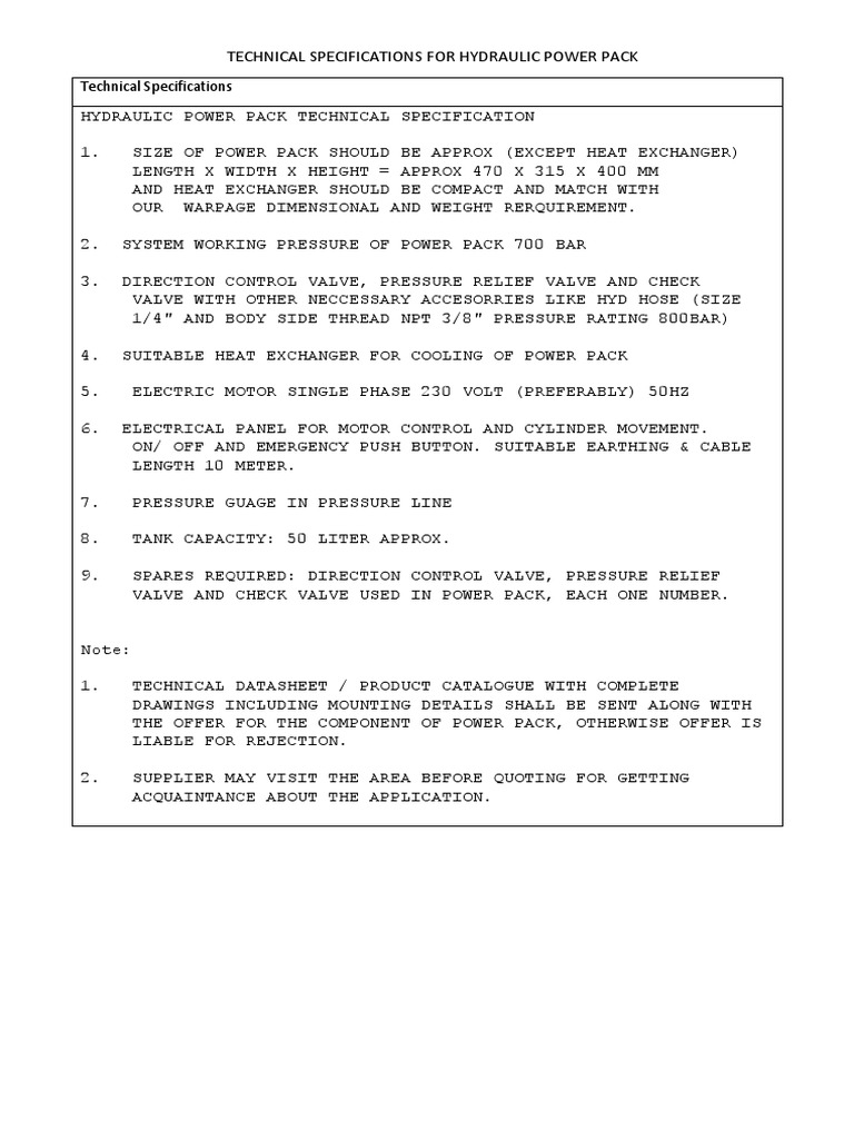 Technical Specifications For Hydraulic Power Pack2022022405 00 13 PDF