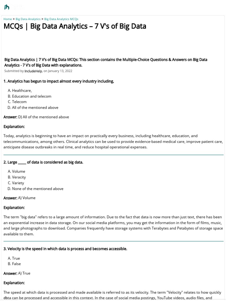 MCQs Big Data Analytics 7 V's of Big Data PDF Big Data Data