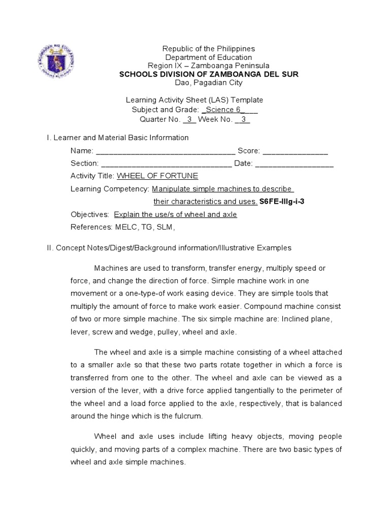 Las Science 6 Quarter 3 Week 3 Pdf Machines Wheel