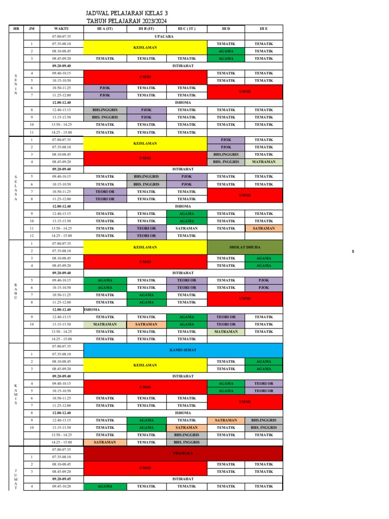 Jadwal Pelajaran Kelas 3 2023-2024-1 | PDF