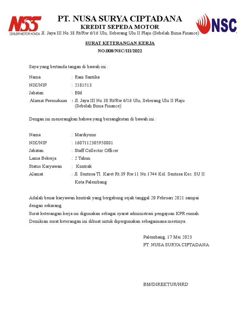 Surat Keterangan Kerja | PDF