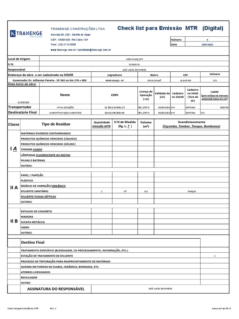 Check List para Emissão de MTR Efluentes Un429 Mogi Guaçu | PDF ...