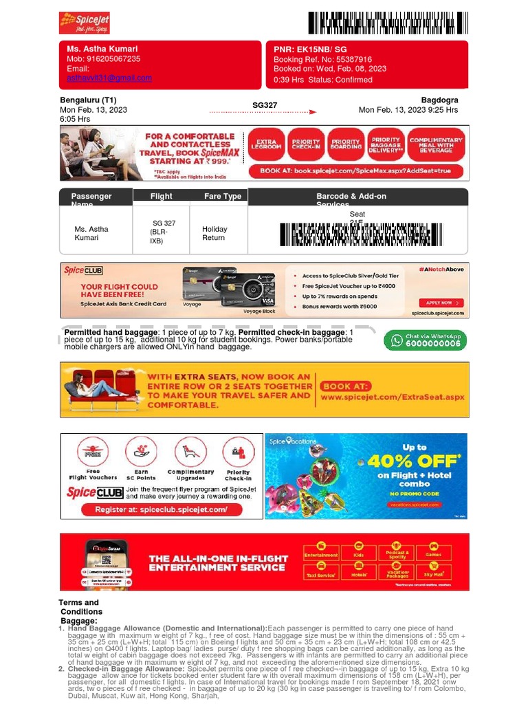 SpiceJet ETicket PNR EK15NB 13 Feb 2023 BengaluruBagdogra PDF