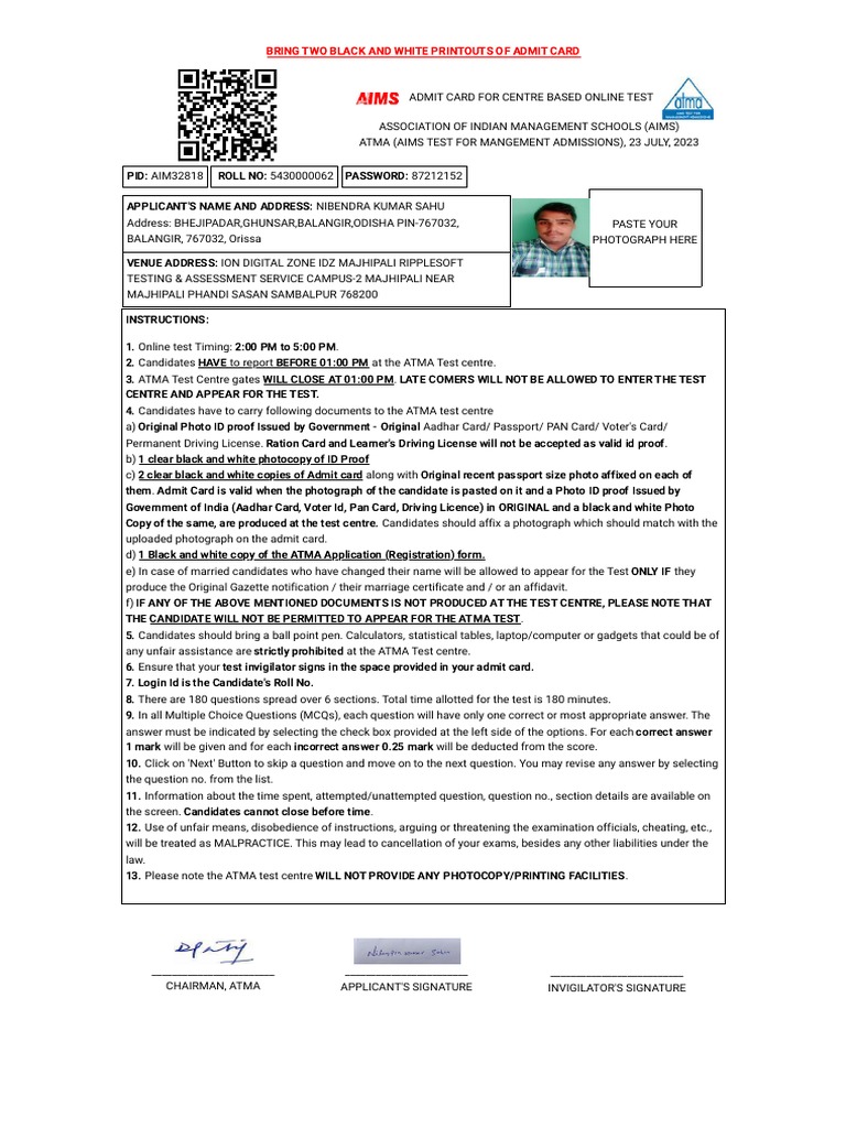 Aims Test for Management Admisasions | PDF