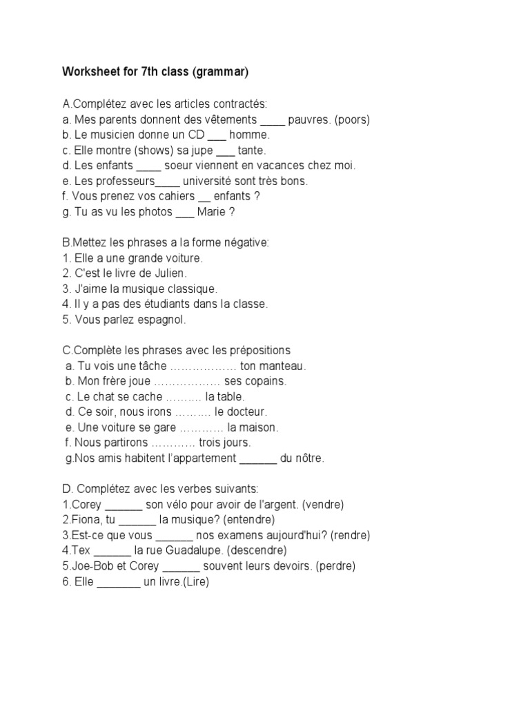 Worksheet For 7th Class (Grammar) | PDF