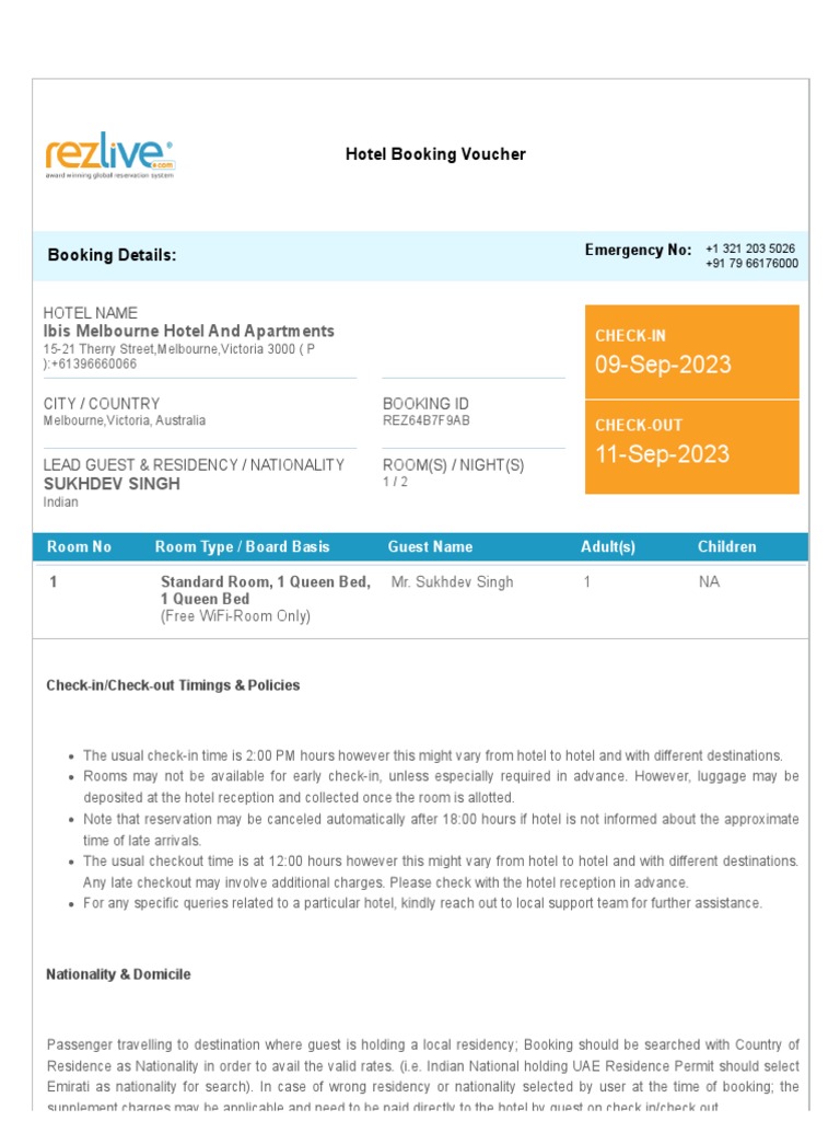 Hotel Booking Voucher Ibis Melbourne Hotel and Apartments PDF Fee