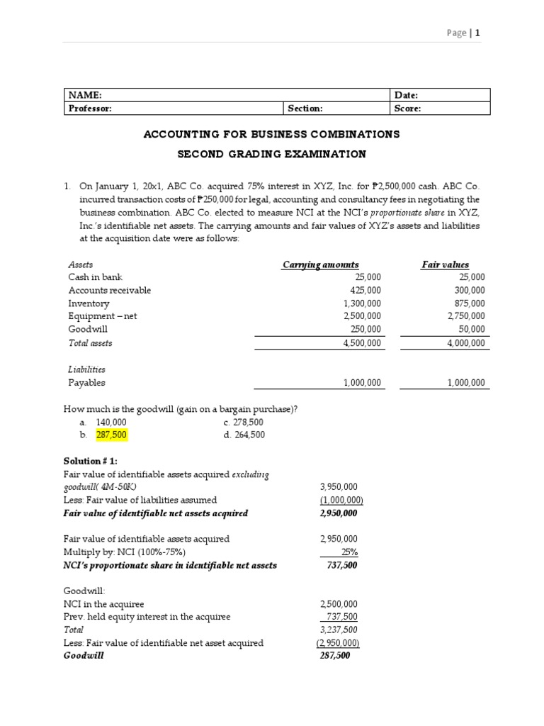 Business Combinations Exam Solutions | PDF | Goodwill (Accounting ...