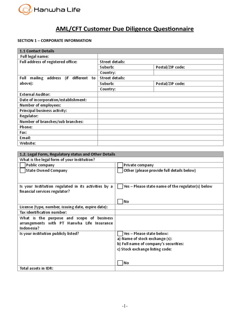 AML/CFT Due Diligence Questionnaire | PDF | Money Laundering ...