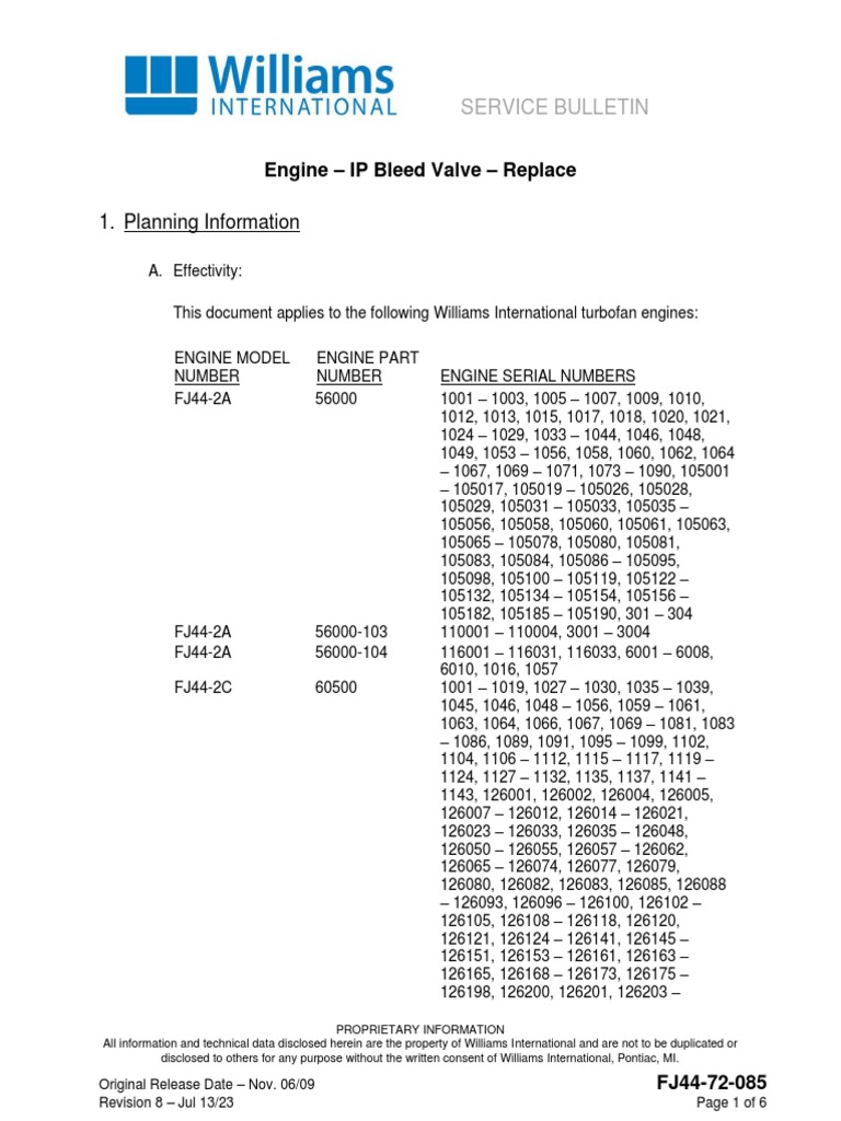 FJ44 Engine IP Bleed Valve Service Bulletin | PDF