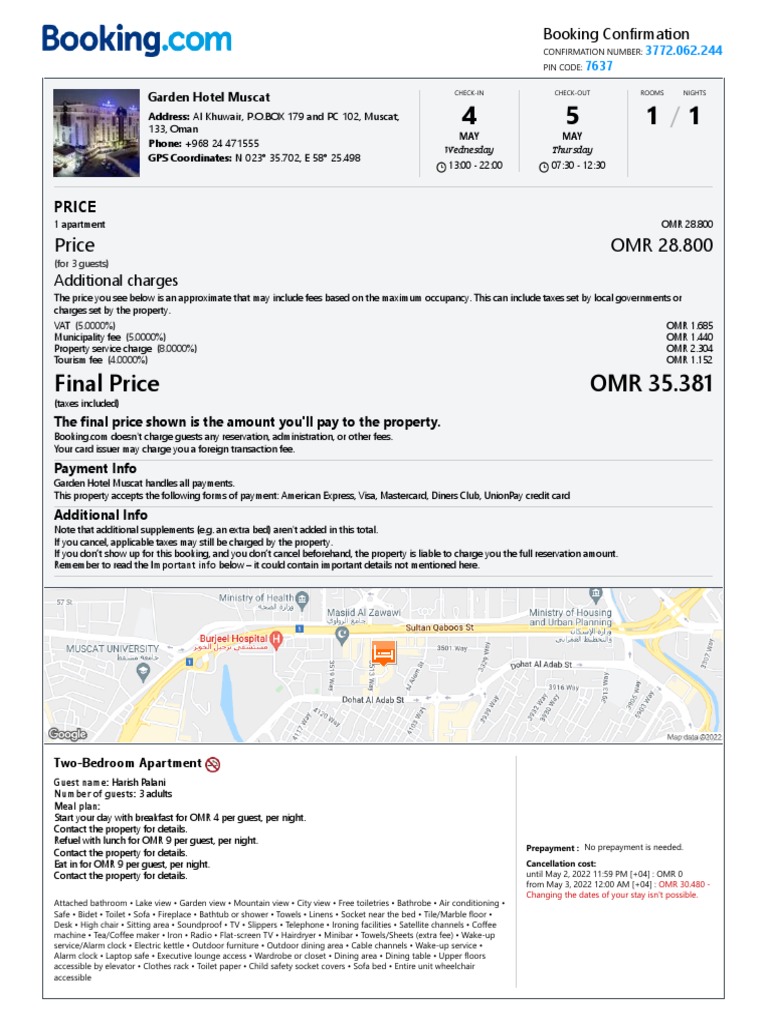 Garden Hotel Muscat Booking Confirmation | PDF | Payments | Fee