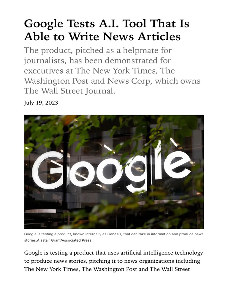 Google Tests A.I. Tool That Is Able To Write News Articles - The New ...