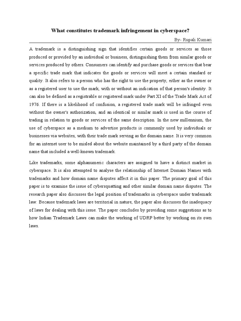 What Constitutes Trademark Infringement in Cyberspace PDF Trademark