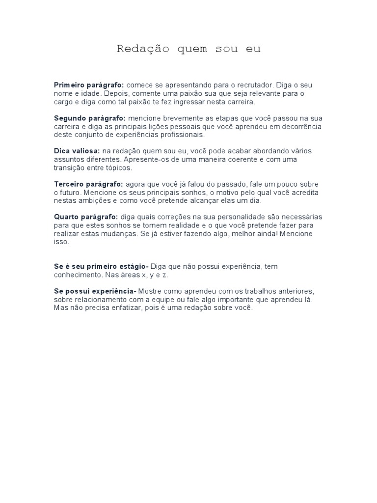 Redação Quem Sou Eu | PDF | Experiência