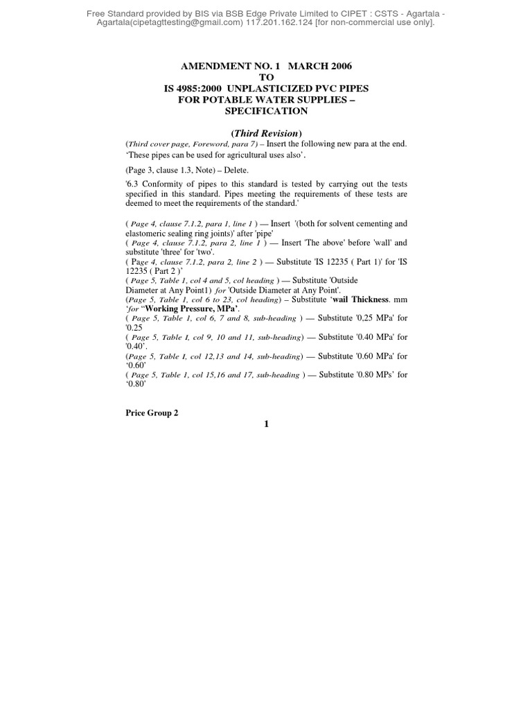 Amendment No. 1 March 2006 TO Is 49852000 Unplasticized PVC Pipes For