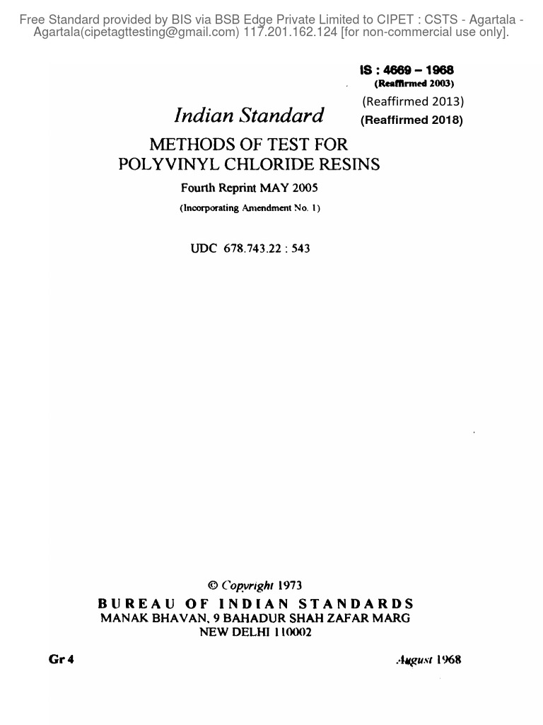 Indian standard methods of test for polyvinyl chloride resins pdf