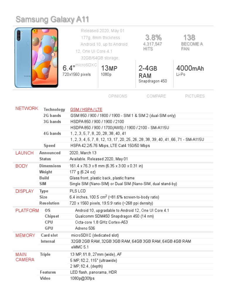 Samsung Galaxy A11 Full Phone Specifications PDF High Speed