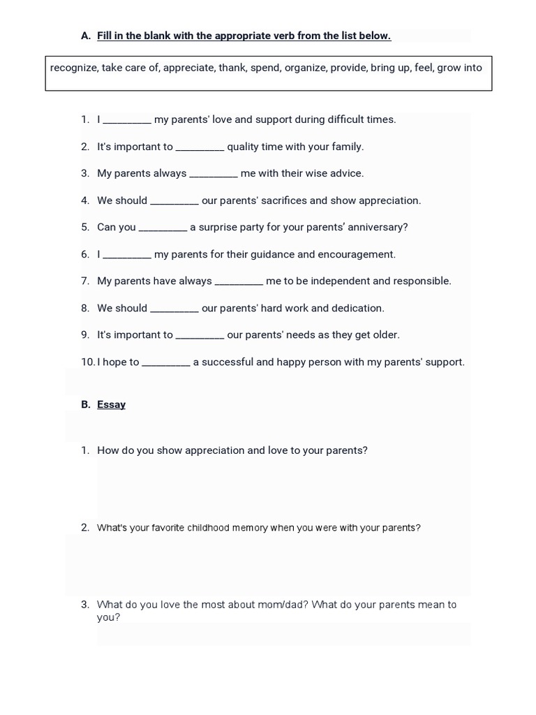 Parents Day Exercises and Vocabulary - 150793 | PDF | Gratitude | Love