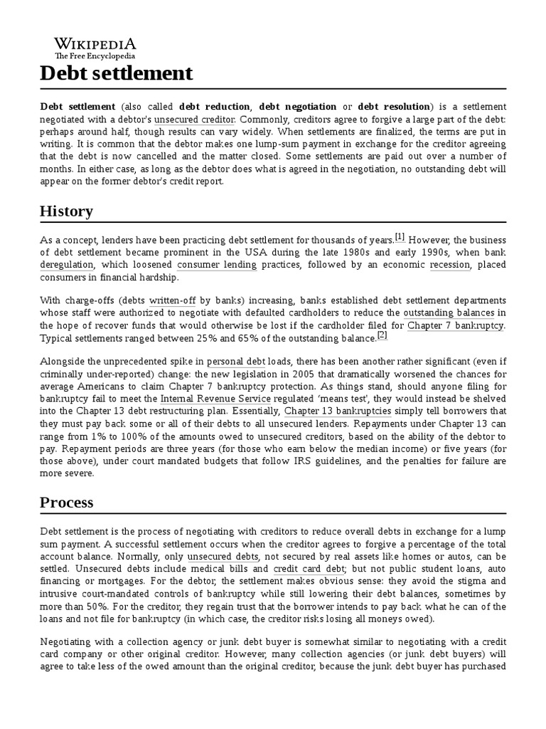 Debt Settlement Pdf Debt Bankruptcy