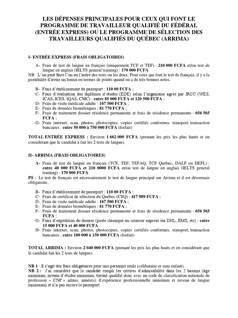 Coûts d'Entrée Express et Arrima au Canada | PDF