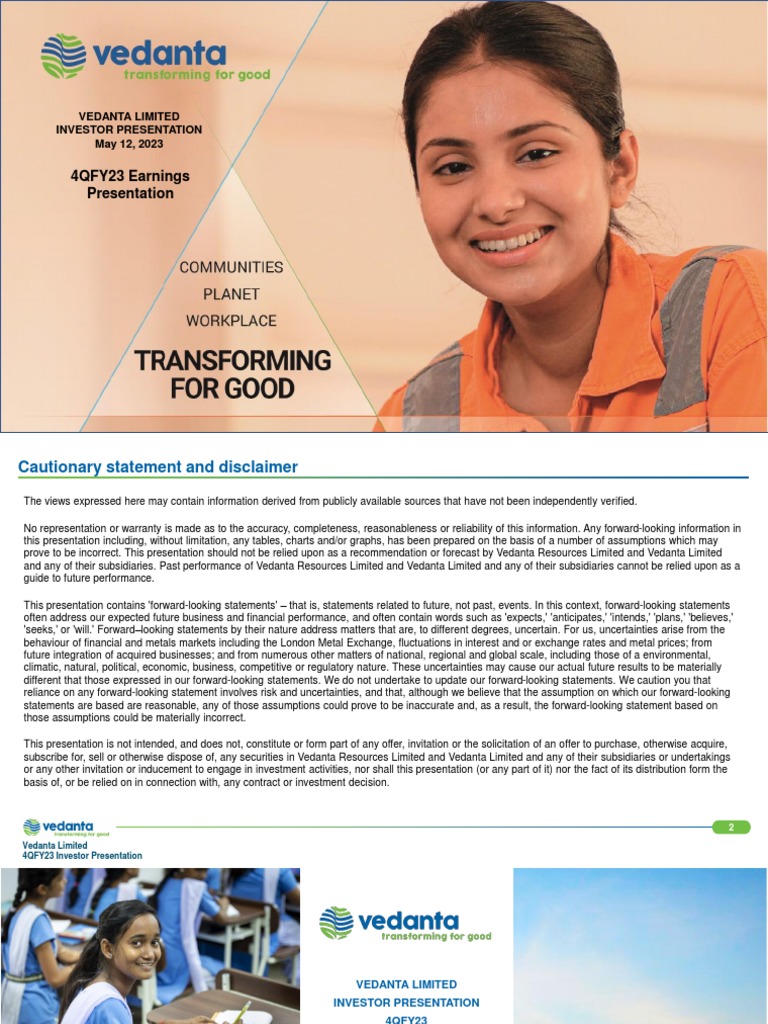 VEDL Results Presentation 4QFY23 | PDF | Investing | Corporate Social ...