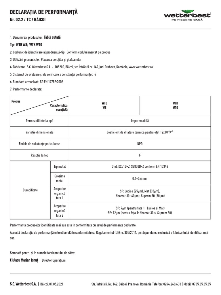 Declaratie Performanta Tabla Cutata | PDF