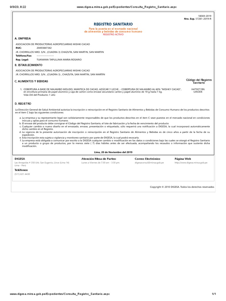 Mishki Registro - Sanitario PASTA DE MAJAMBO 60% | PDF