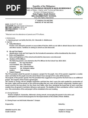 PTA MINUTES OF THE MEETING 