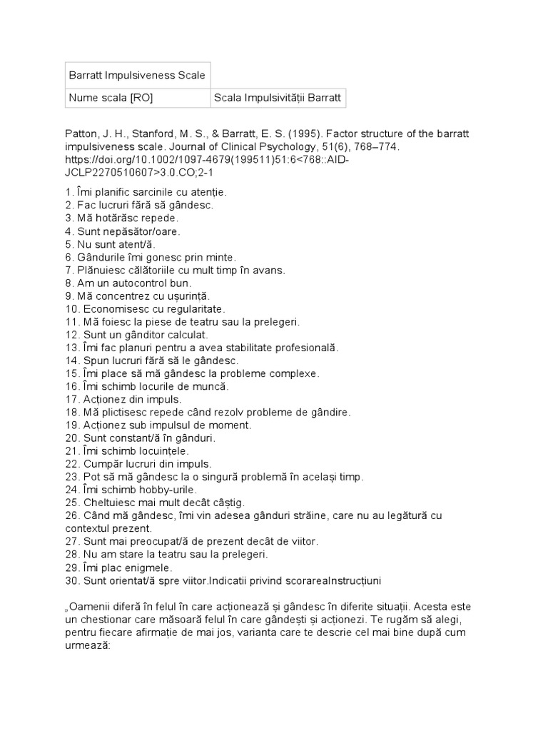 Barratt Impulsiveness Scale | PDF