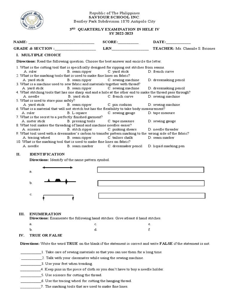 Tailoring Exam Questions for HELE IV & V | PDF | Sewing | Seam (Sewing)