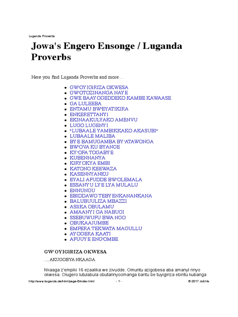 Jowa's Engero Ensonge / Luganda Proverbs | PDF | Bantu