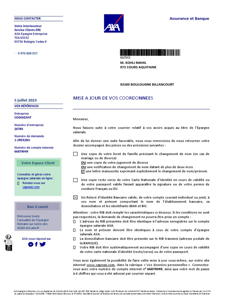 Mise à jour des coordonnées AXA Epargne | PDF | Banques