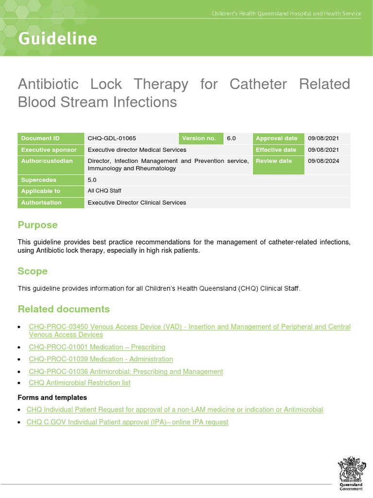 Antibiotic Lock Therapy Guidelines for Infections | PDF | Intravenous ...