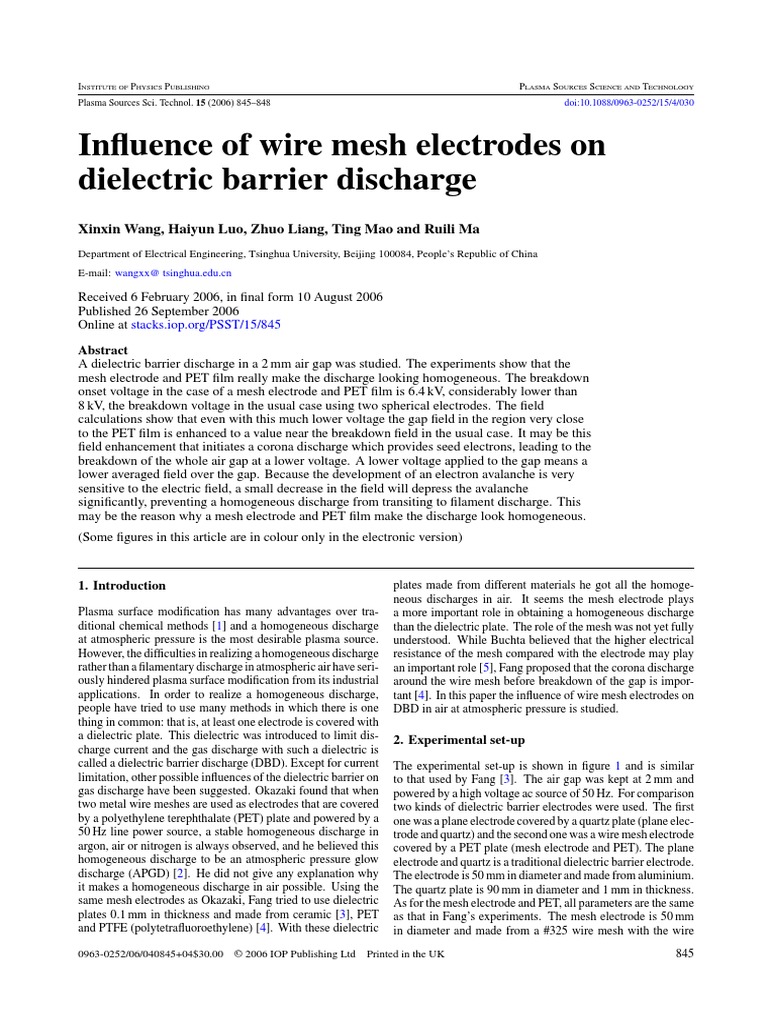 Iluence of Wire Mesh Electrodes On Dielectric Barrier Discharge PDF