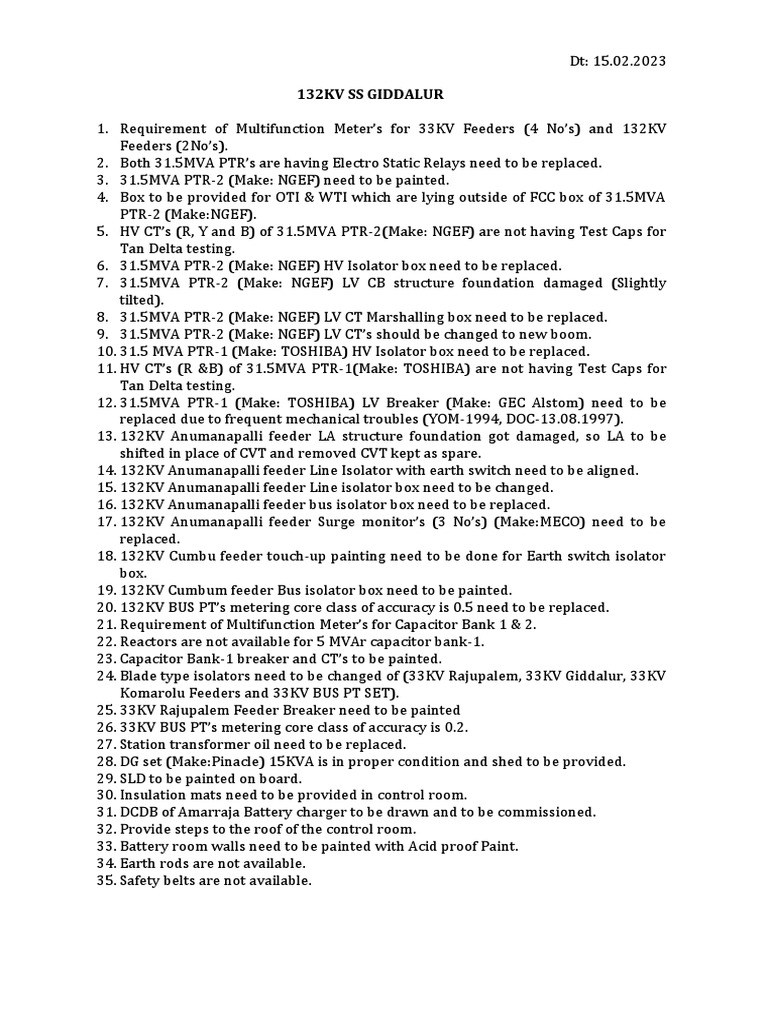 132KV Giddalur Substation Maintenance Checklist | PDF | Electrical ...