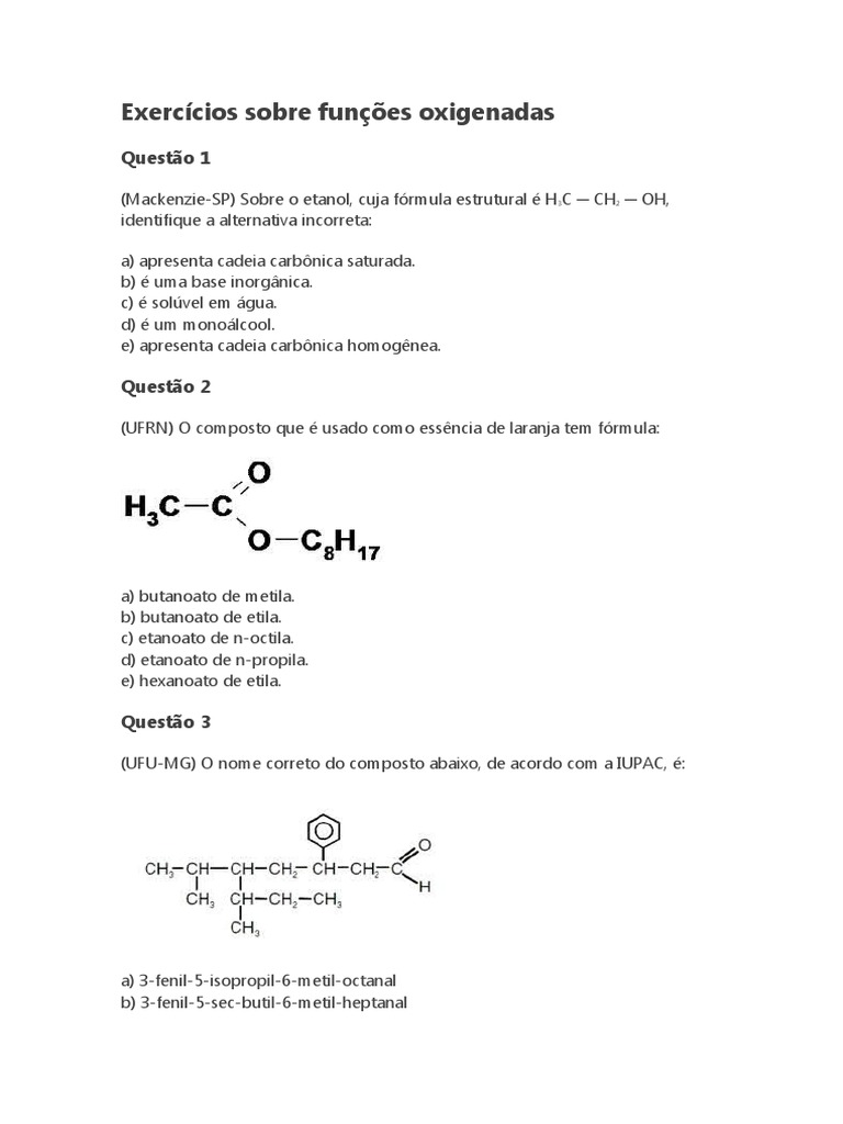 Exercícios sobre Funções Oxigenadas | PDF
