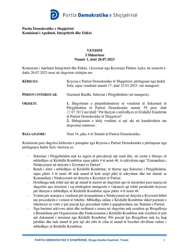 Vendim I Shkurtuar 230726 223708 | PDF