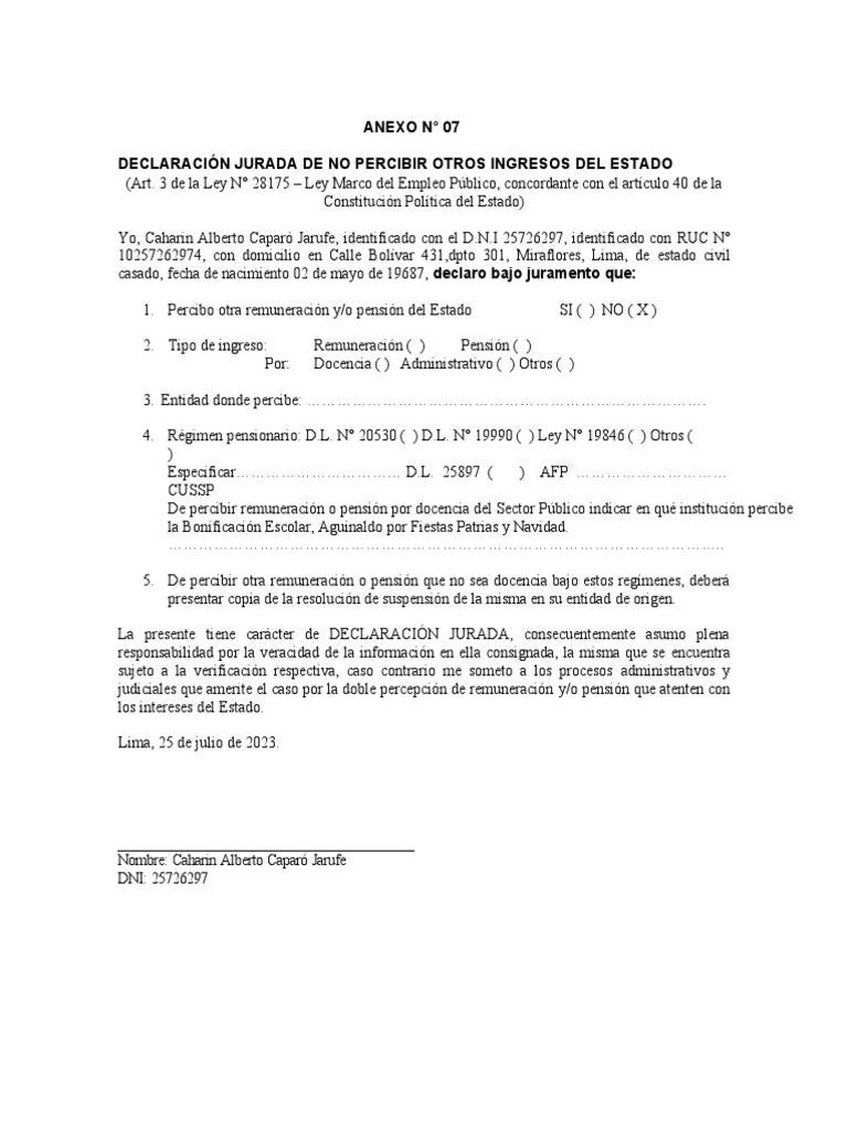 Declaración Jurada de Ingresos del Estado | PDF