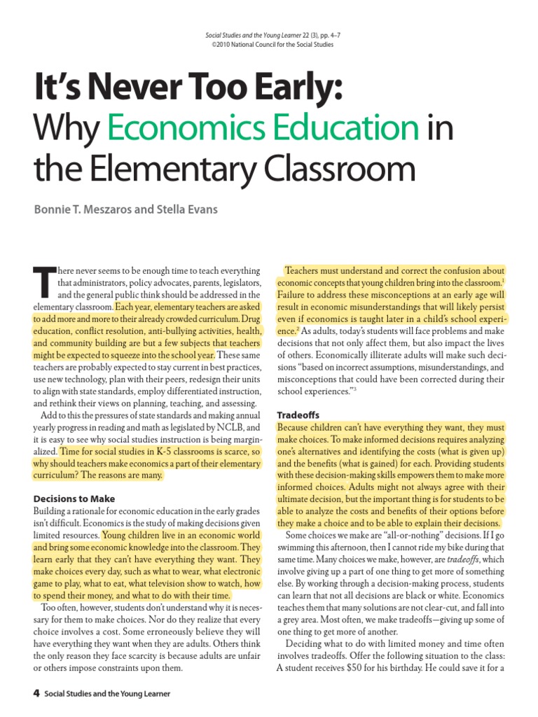 Early Economics in Elementary Education | PDF | Teachers | Curriculum