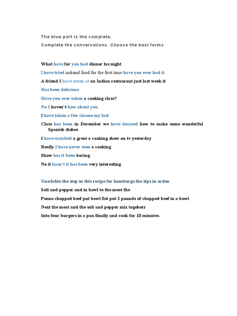 Complete Conversations and Cooking Steps | PDF | Foreign Language Studies