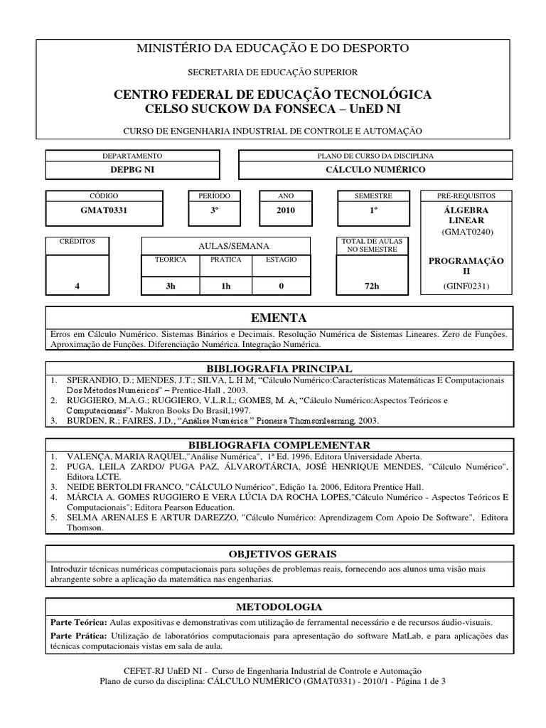 Plano de Curso: Cálculo Numérico | PDF | Análise numérica | Matlab
