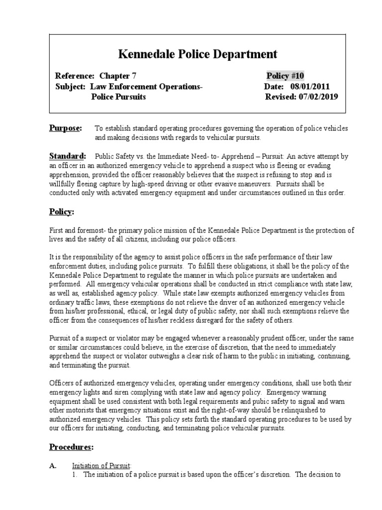 Kennedale PD Pursuit Policy PDF Police Traffic