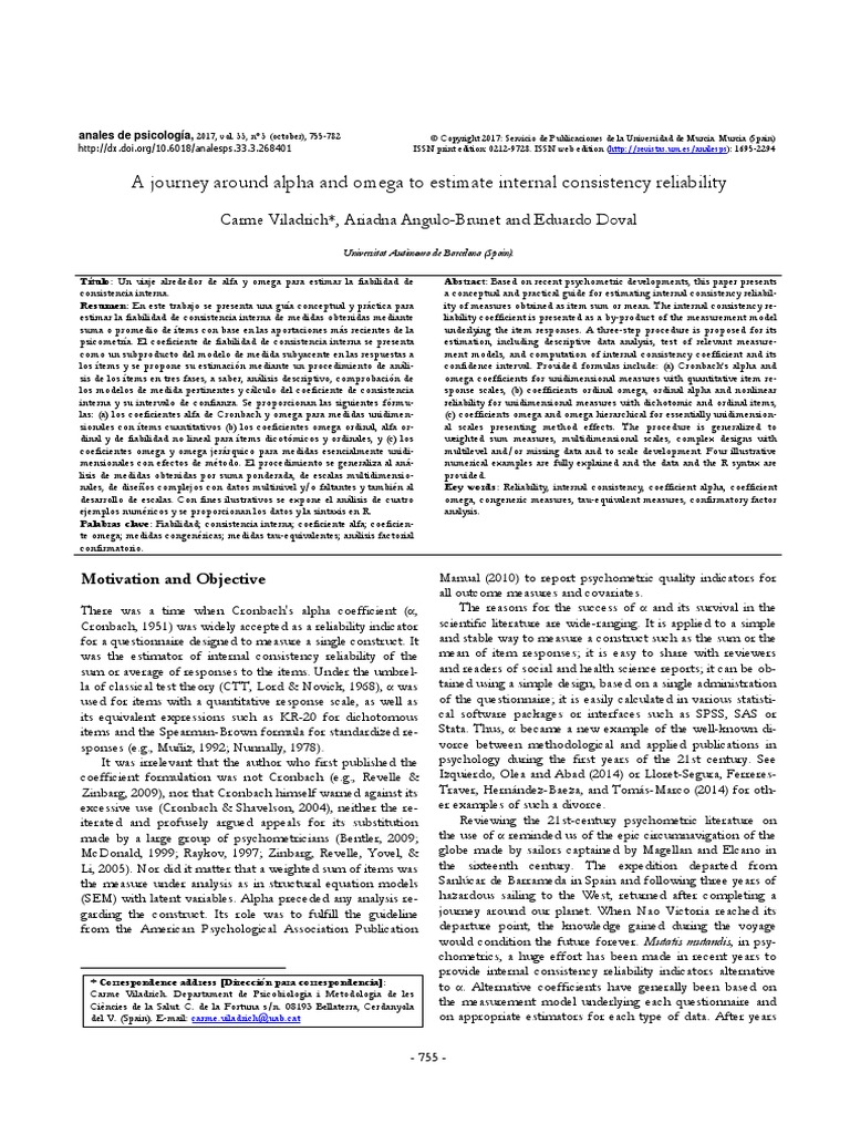 A journey around alpha and omega to estimate internal consistency
