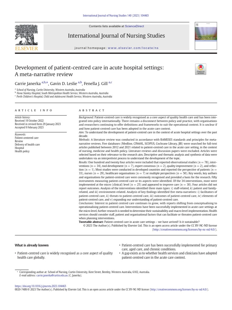Development Of Patient Centred Care In Acute Hospital Settings Pdf