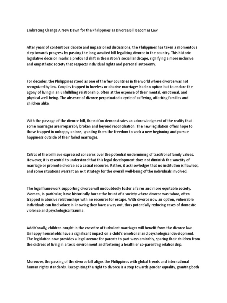 Embracing Change A New Dawn For The Philippines As Divorce Bill Law PDF Divorce