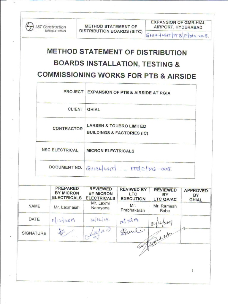 Distribution Boards Method Statement Approval Submission PDF