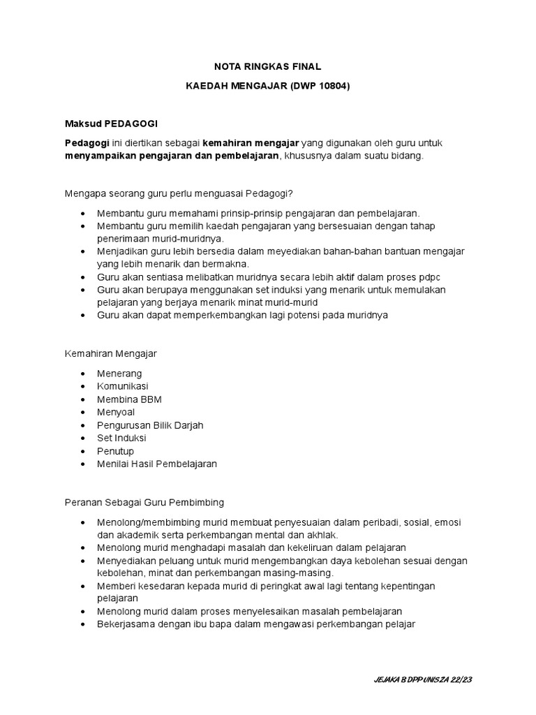 (Nota Final) Kaedah Mengajar | PDF