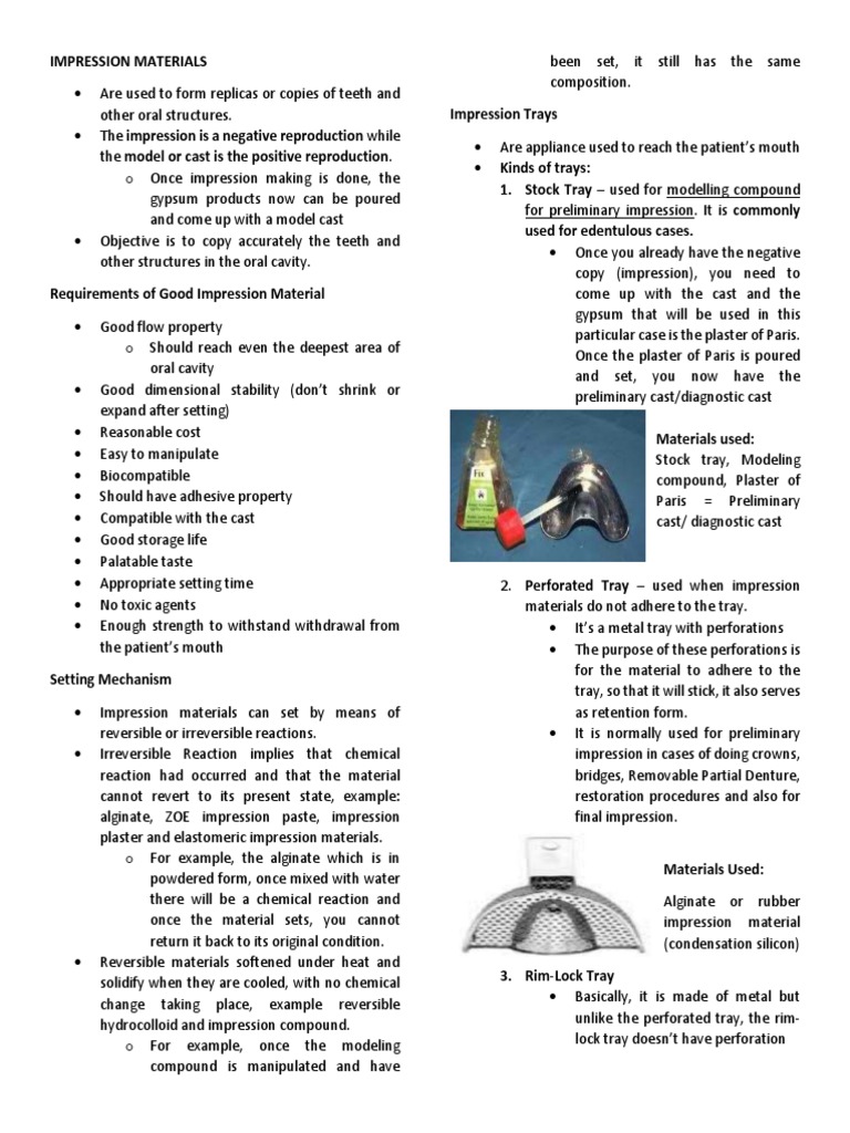 IMPRESSION MATERIALS Notes PDF Dentures Materials