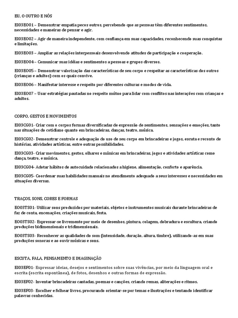 Objetivos de Aprendizagem e Desenvolvimento Da BNCC - 4 A 5 Anos | PDF
